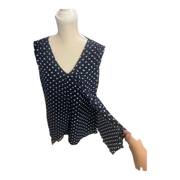 Adele & May Women Blouse Size XL Sleevless Blue White V-Neck Polka Dots Layered - Picture 3 of 11